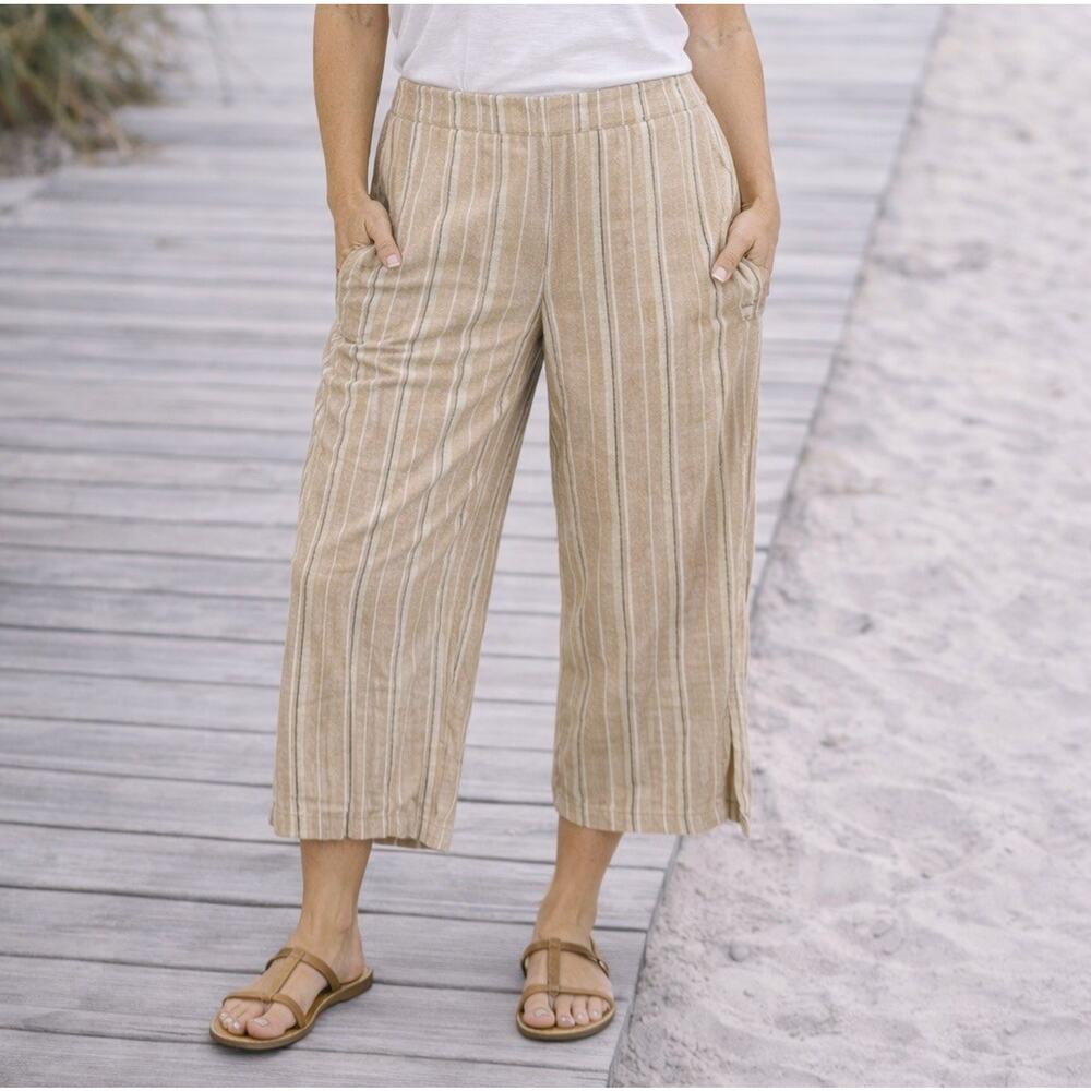 J Jill Linen Blend Wide Leg Pants Medium Beige Stripe Side Zip Casual Coastal